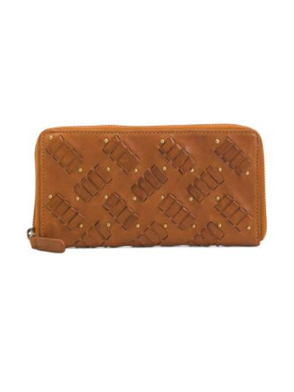 VILENCA Holland Genuine Leather  Studded Large Bifold Zip around Wallet COGNAC